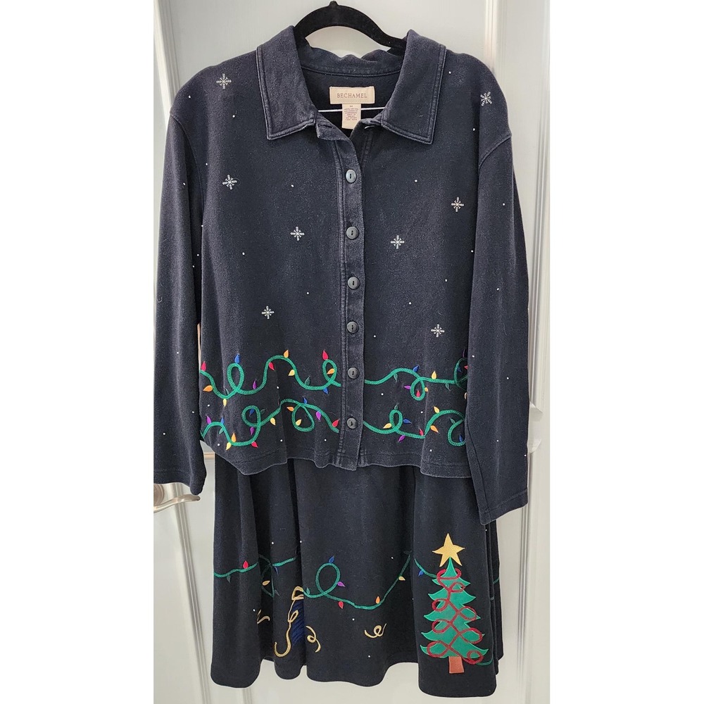 Vintage Bechamel Christmas Sweater Skirt Setโ Womens Medium Black Embroidered